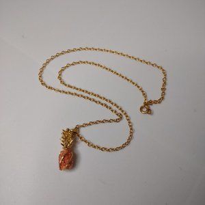 Awesome Gold Tone And Pink Pineapple Pendant Necklace 19 Inches Long
